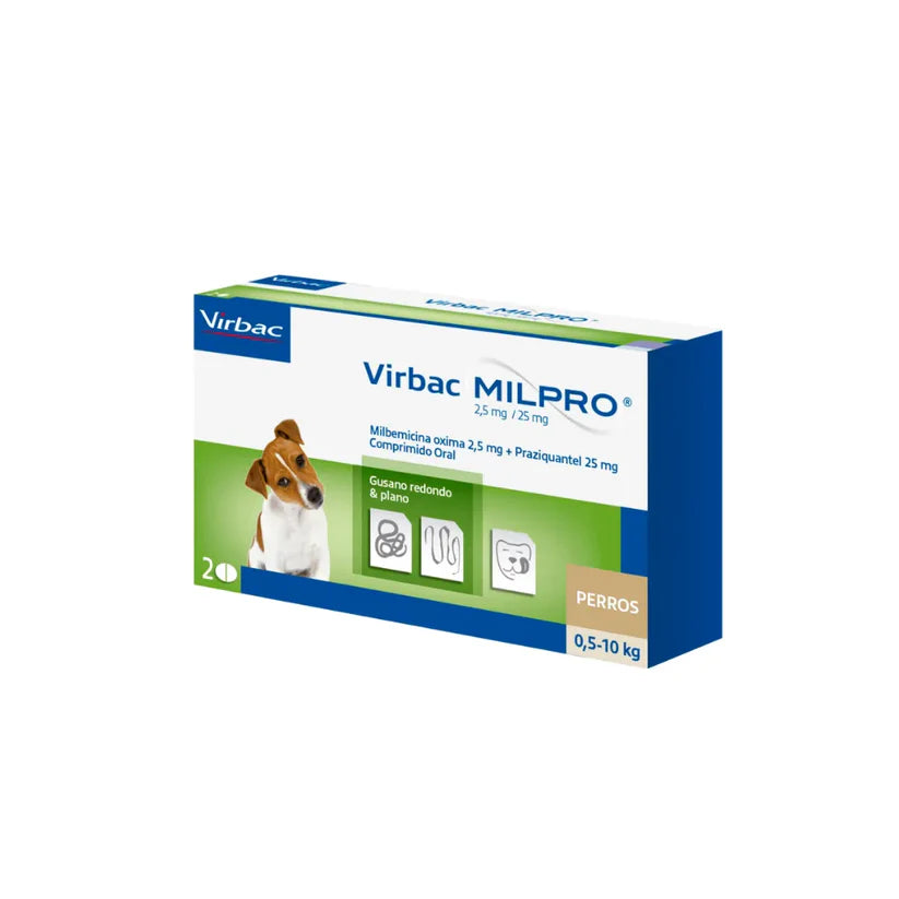 Virbac MILPRO Perros 0,5 a 10 Kg 2,5 Mg / 25 Mg x 2 Comp