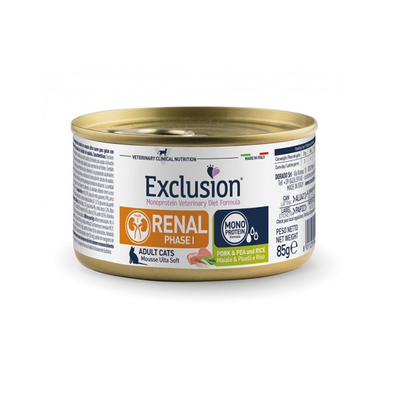 LATA EXCLUSIÓN VET GATO RENAL 1 CERDO, ARVEJA Y ARROZ 85 GR