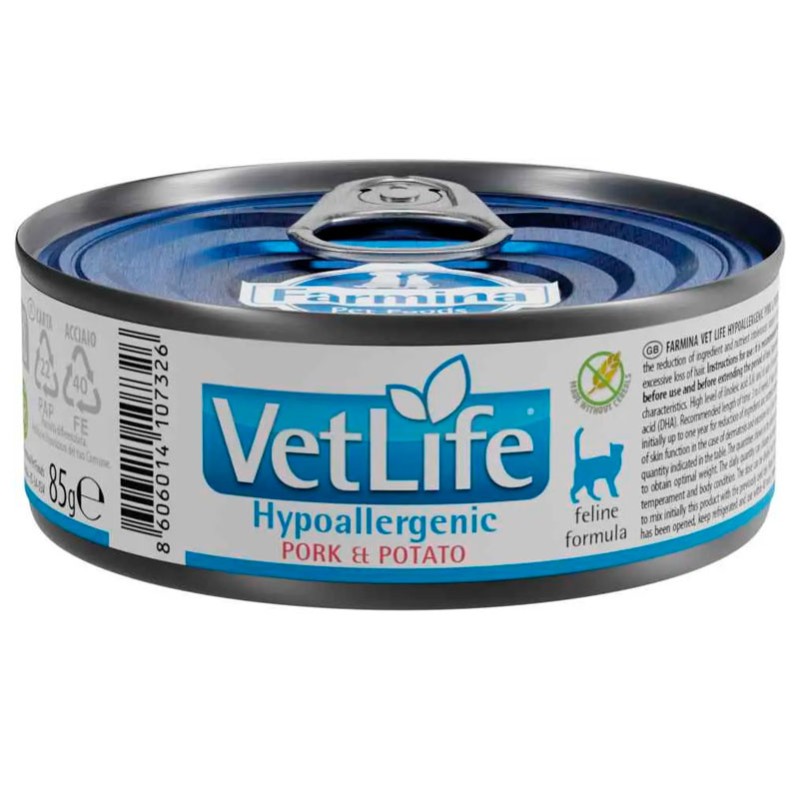 Lata Vet life WF cat lata hypo cerdo & papa 85 grs