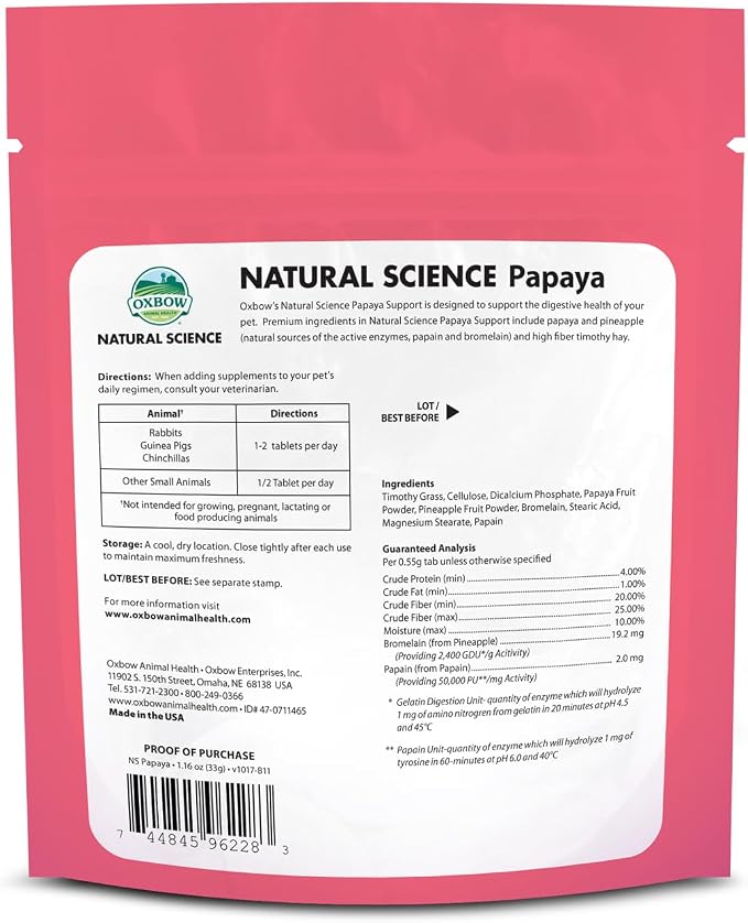 Oxbow Suplemento digestivo de soporte para papaya, conejo y cobaya, 1.16 oz