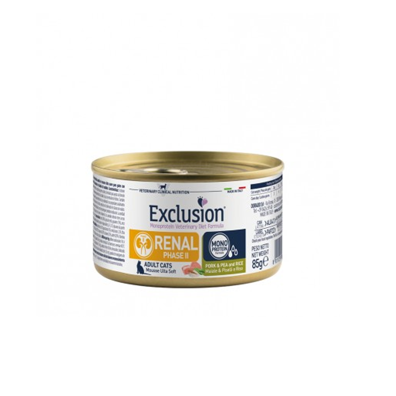 LATA EXCLUSION VET GATO RENAL 2 CERDO, ARVEJA Y ARROZ 85 GR