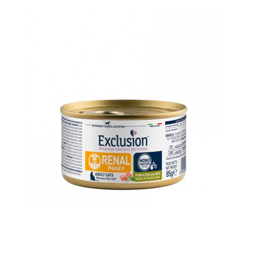 LATA EXCLUSION VET GATO RENAL 2 CERDO, ARVEJA Y ARROZ 85 GR