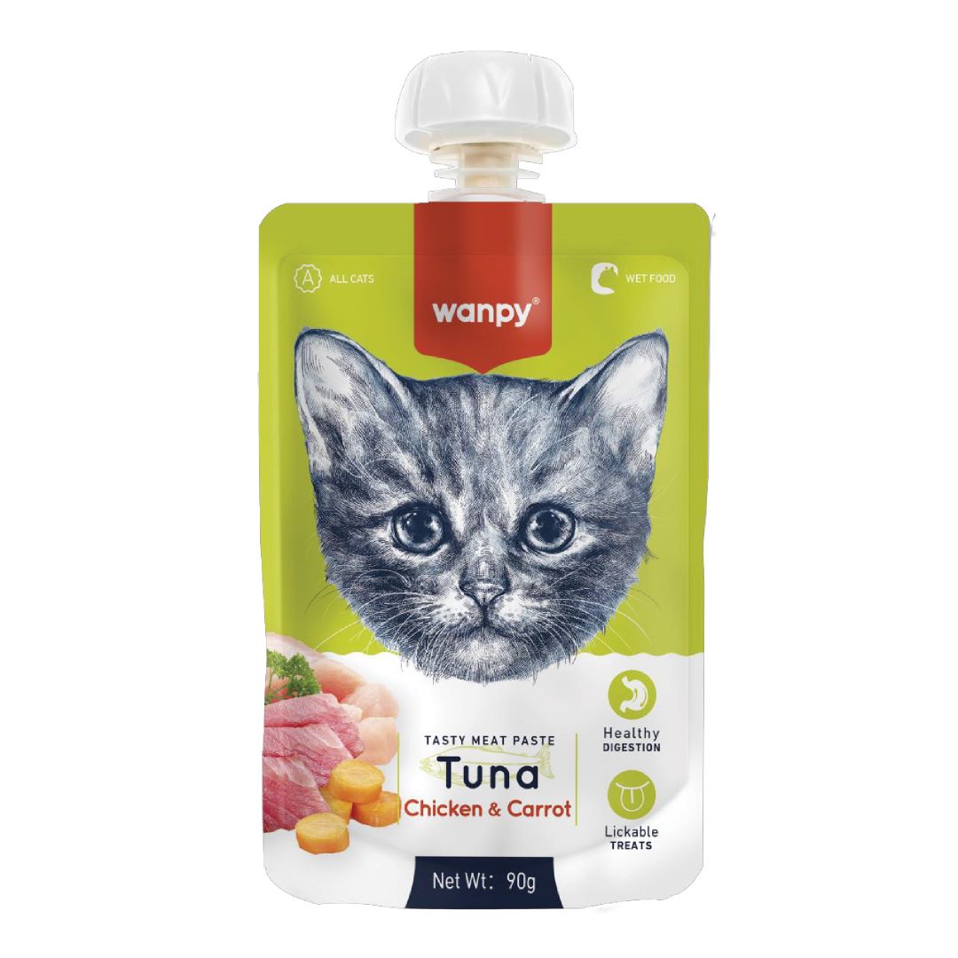 Wanpy Tasty Meat Paste Tuna, Chicken & Carrot para Gatos Sobre 90gr